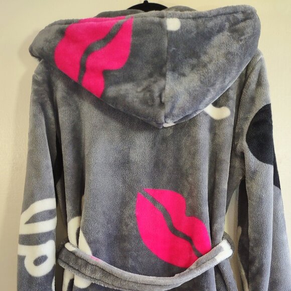 👄 BETSEY JOHNSON Pop Art Love Lips Plush Spa Robe Hooded Indie XS/Small - Picture 7 of 11